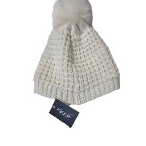 New Kyi Kyi Canada Wool Pom Beanie Ivory Faux Fur Chunky Knit One Size